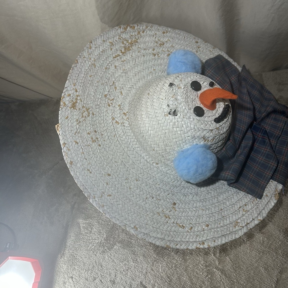 Vintage Snowman Straw Hat Christmas Holiday Novelty Wide Brim Handmade - Picture 5 of 9